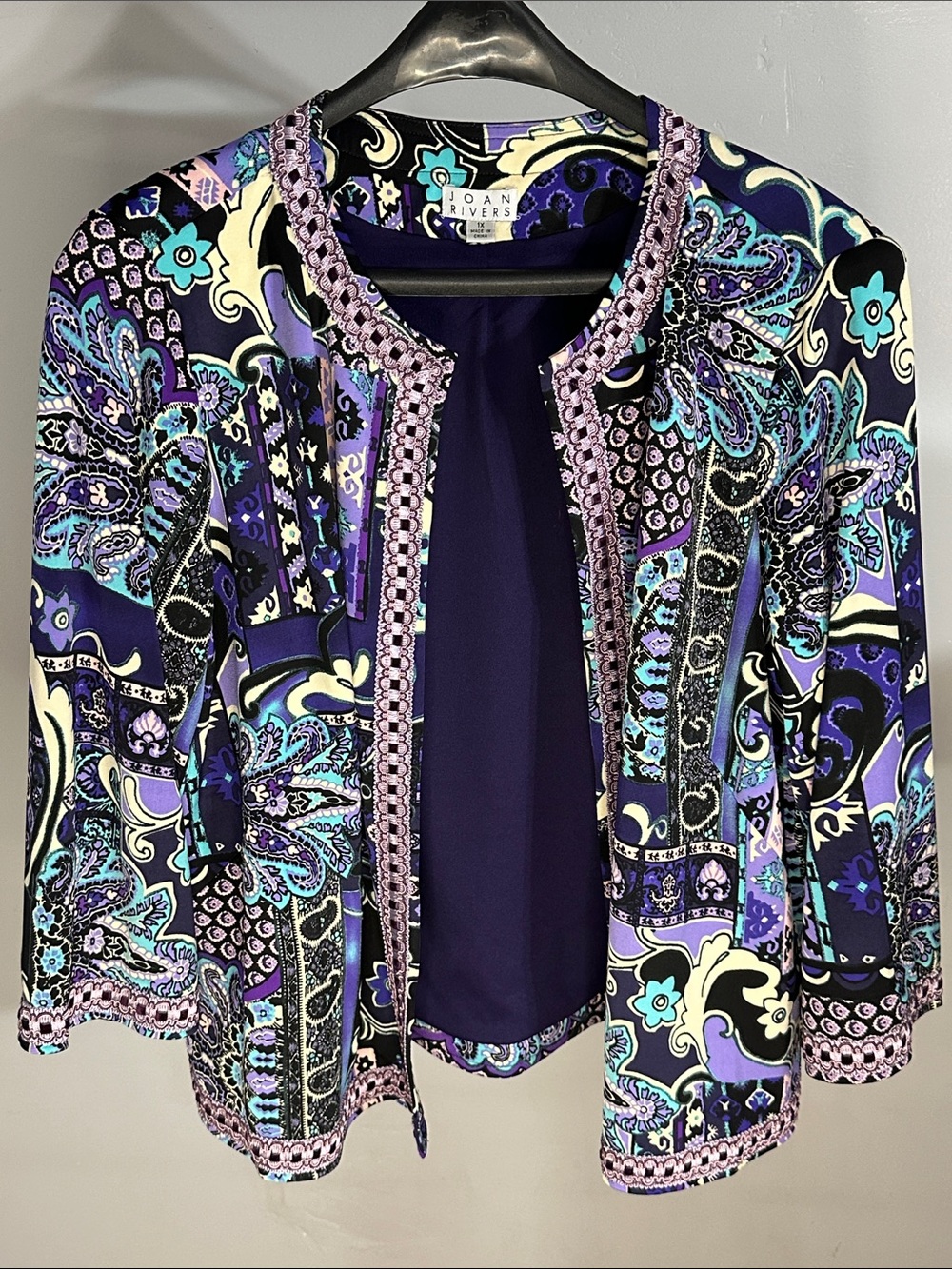 Joan Rivers Purple Blue Paisley Open-Front Blazer